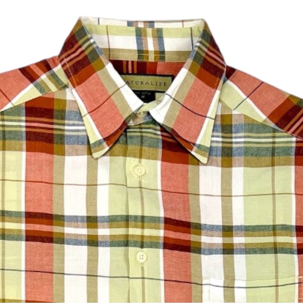 Naturalife Men's Size M Short Sleeve Button Up Orange Green White Plaid Shirt